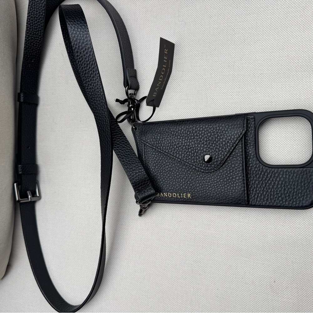 Bandolier Black Pebbled Leather Crossbody Phone Wallet with Gold Logo - Picture 3 of 6